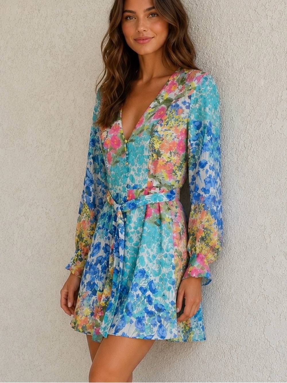 Zara Turquoise Multi Floral V-Neck Long Sleeve Mini Dress
